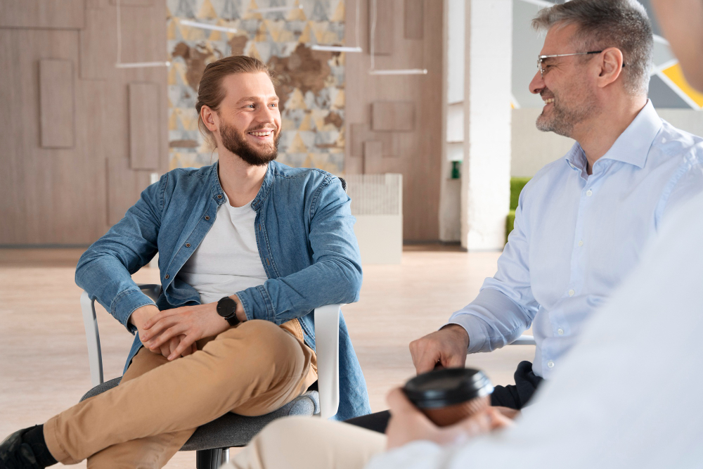 Two people smiling at each other during a group therapy session